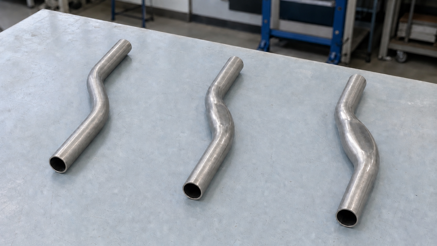 Photorealistic engineering concept showing three stages of a thin-walled automotive tube: controlled pre-bend, optional preform and final hydroformed shape