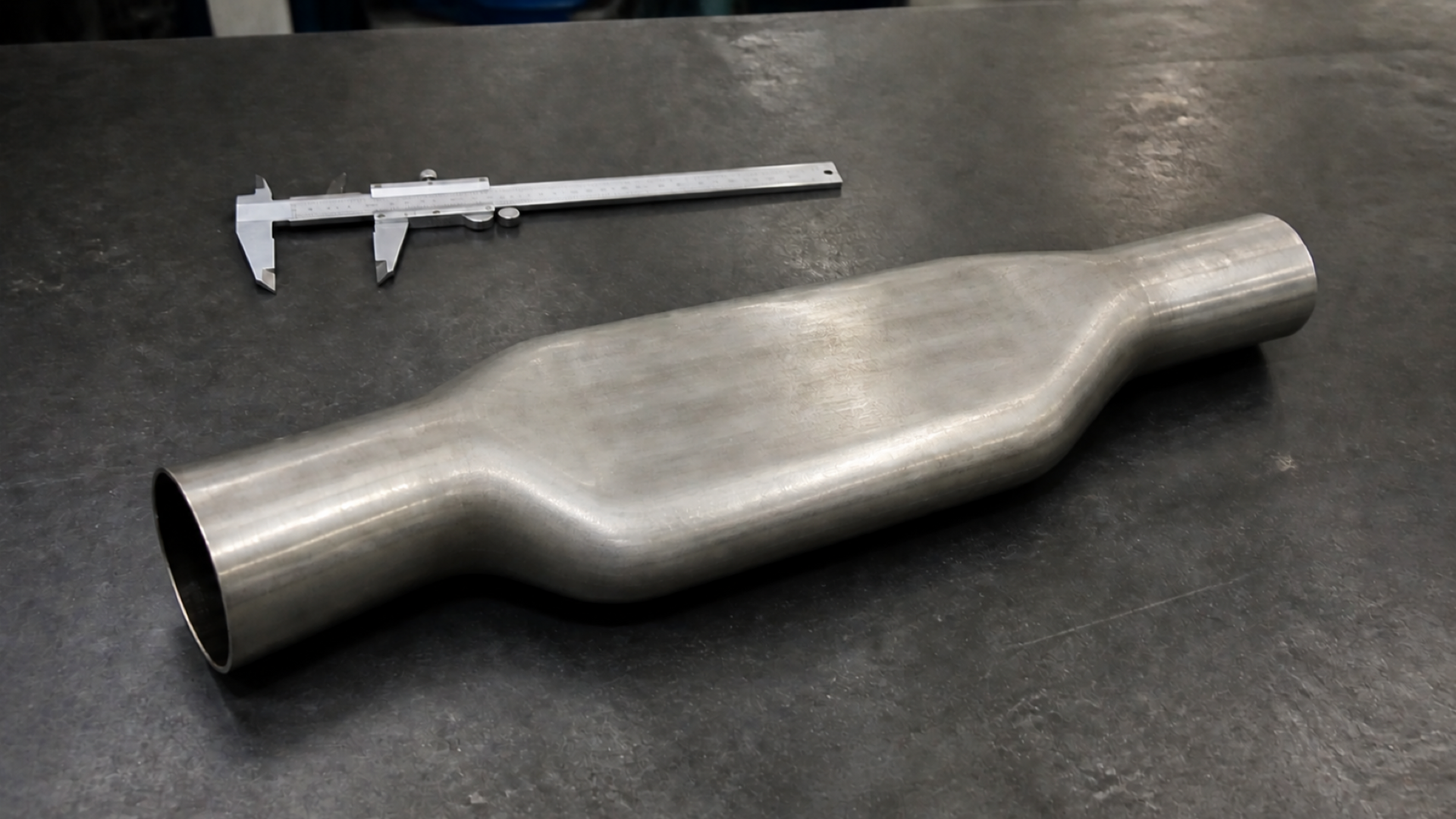 Photorealistic engineering concept showing a formed hollow metal part and a caliper placed separately on a steel workbench.