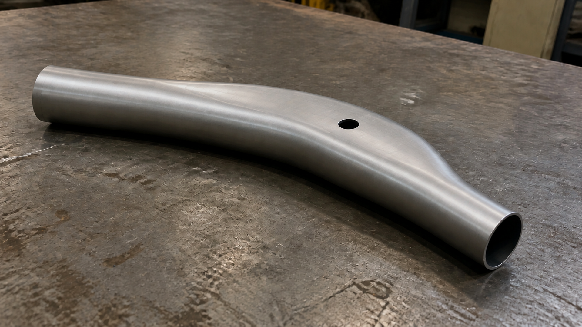 Photorealistic engineering concept showing a curved hollow metal part with one circular wall opening on a steel workbench.