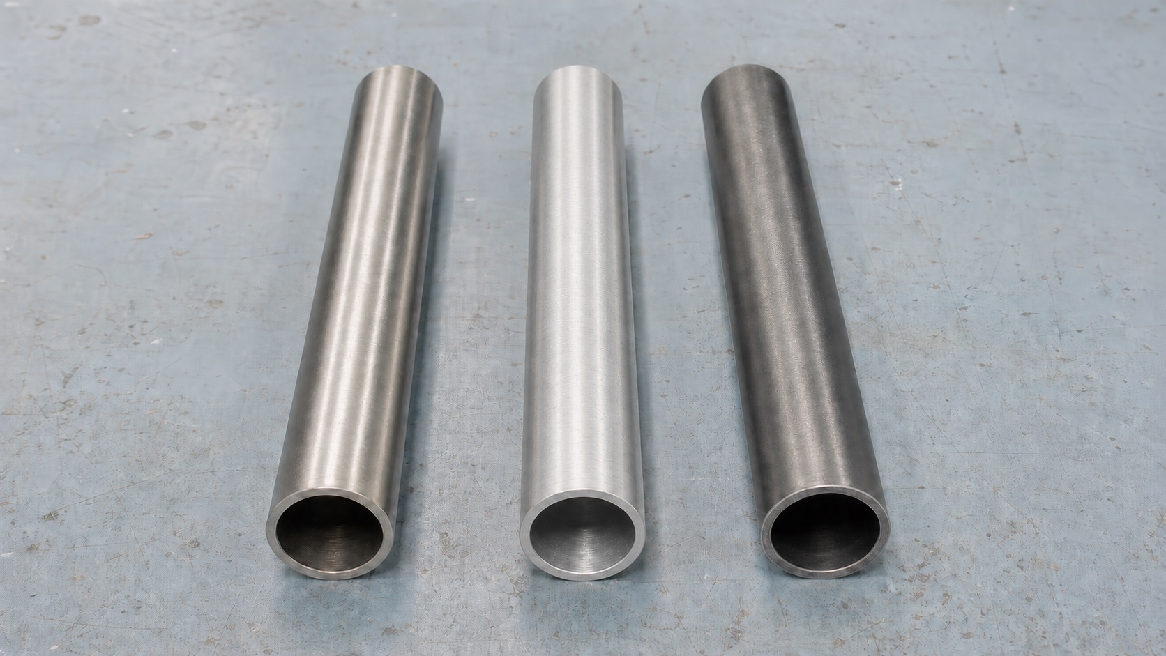 Photorealistic engineering concept showing three equal-size thin-walled metal tube blanks with visually different surface finishes