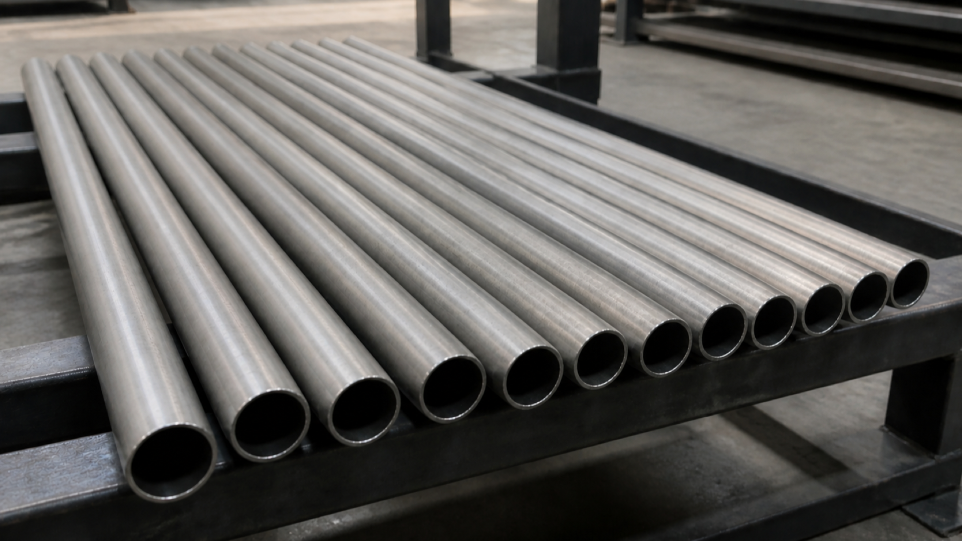 Batch of thin-walled metal tube blanks arranged on a steel storage rack.