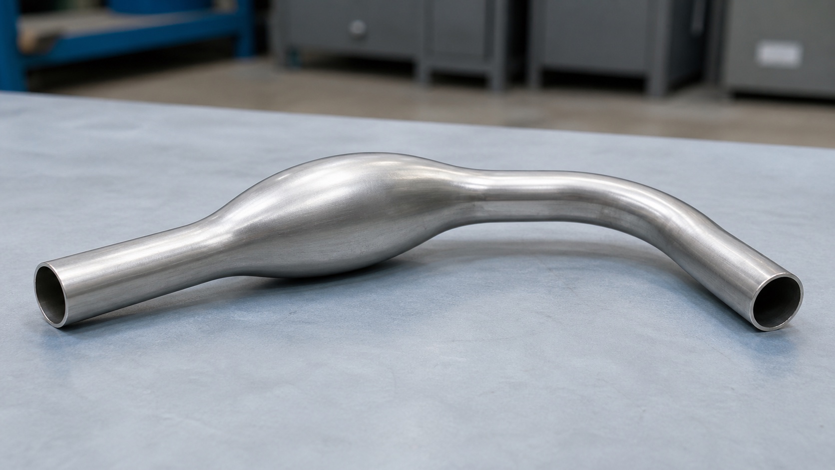 Photorealistic engineering concept of a complete thin-walled hydroformed tube with a smooth expanded zone and curved transitions
