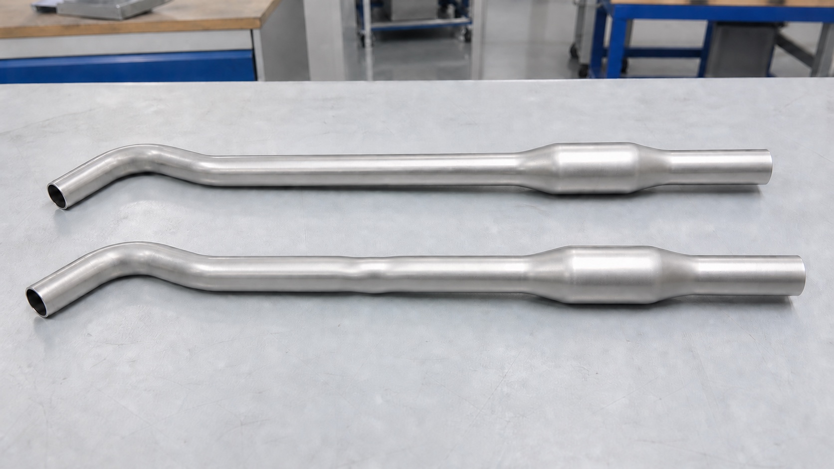 Photorealistic engineering concept comparing a smooth hydroformed tube with a second tube showing localized irregular circumferential buckling