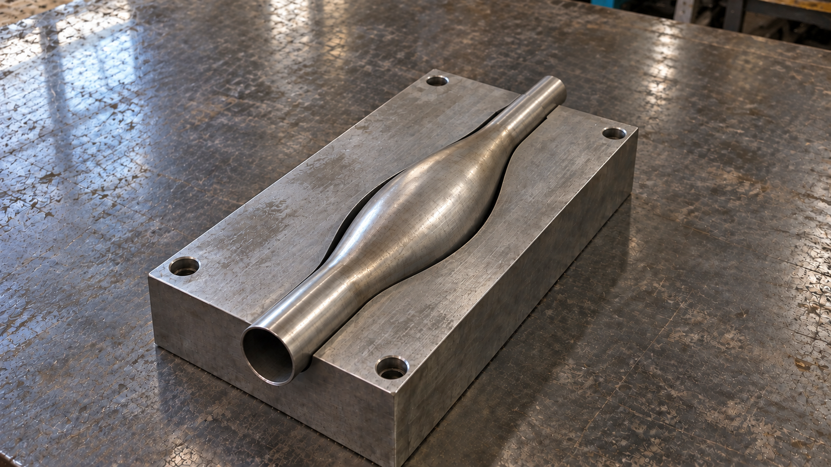 An open-ended metal tube with an expanded middle section resting in a lower die on a workshop table.