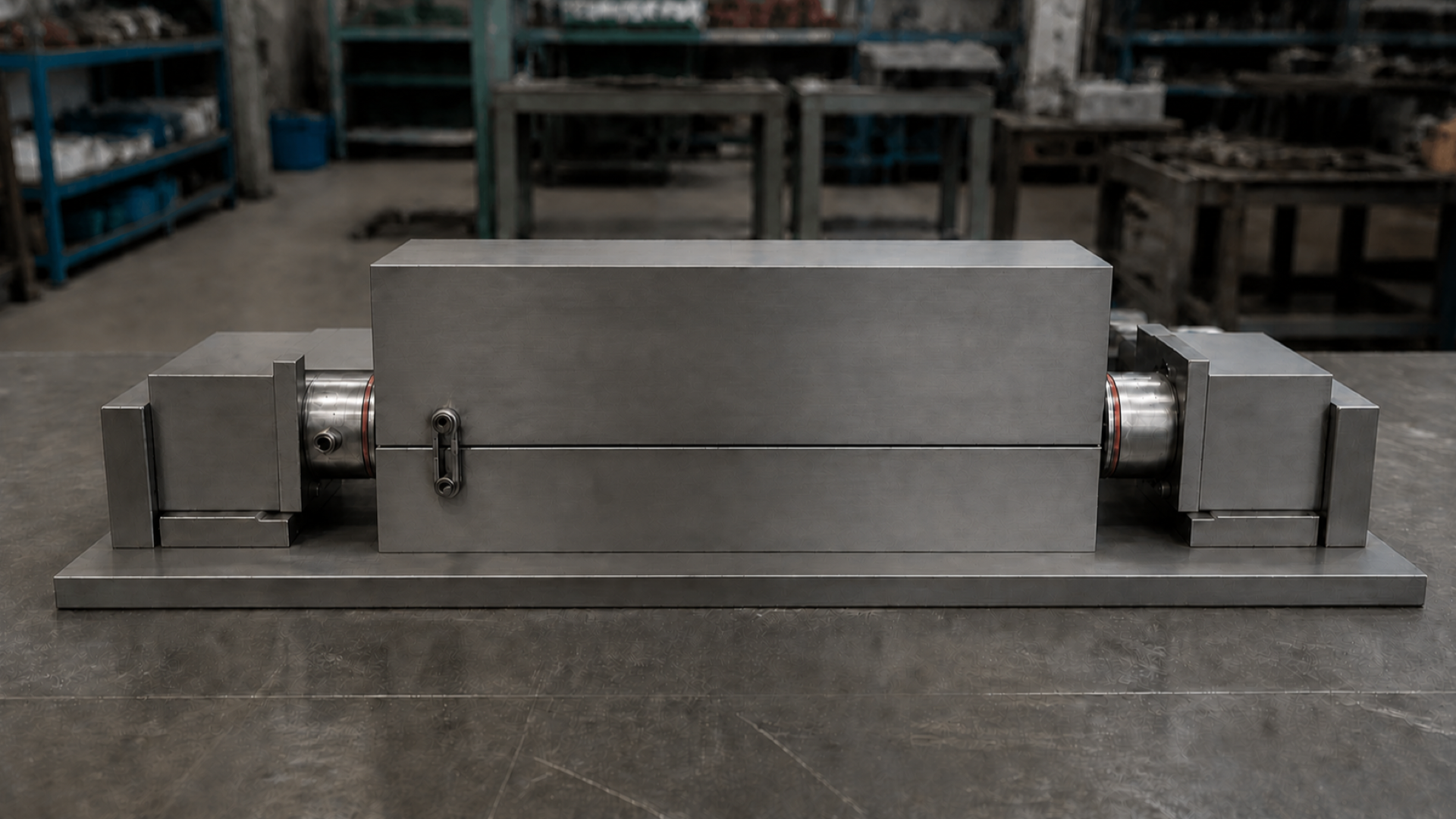Concept scene of a closed metal forming tool with opposing end units on a steel workbench.