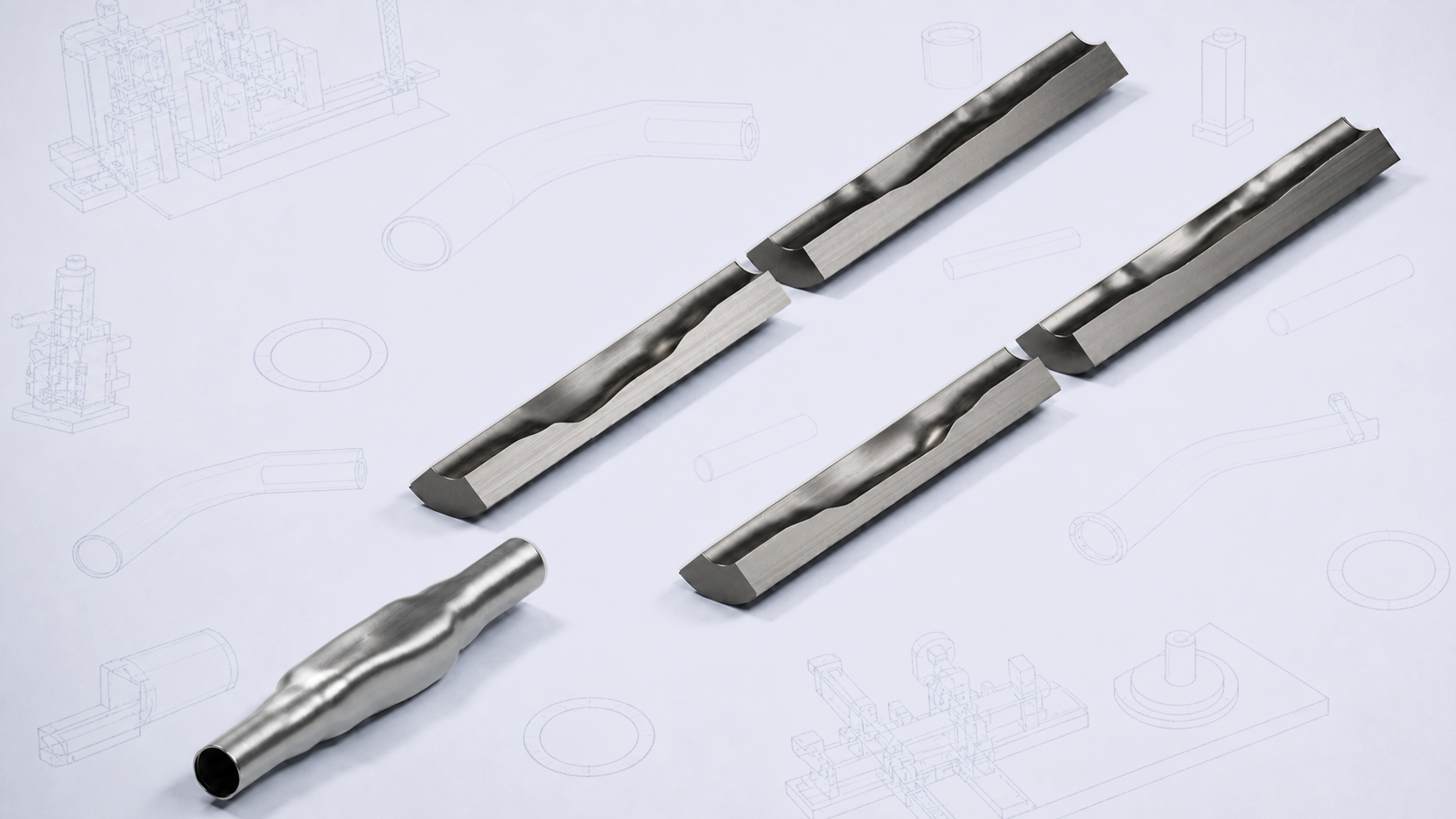 Photorealistic engineering concept showing a formed hollow tube beside four long tooling cavity sections on a blueprint-style background