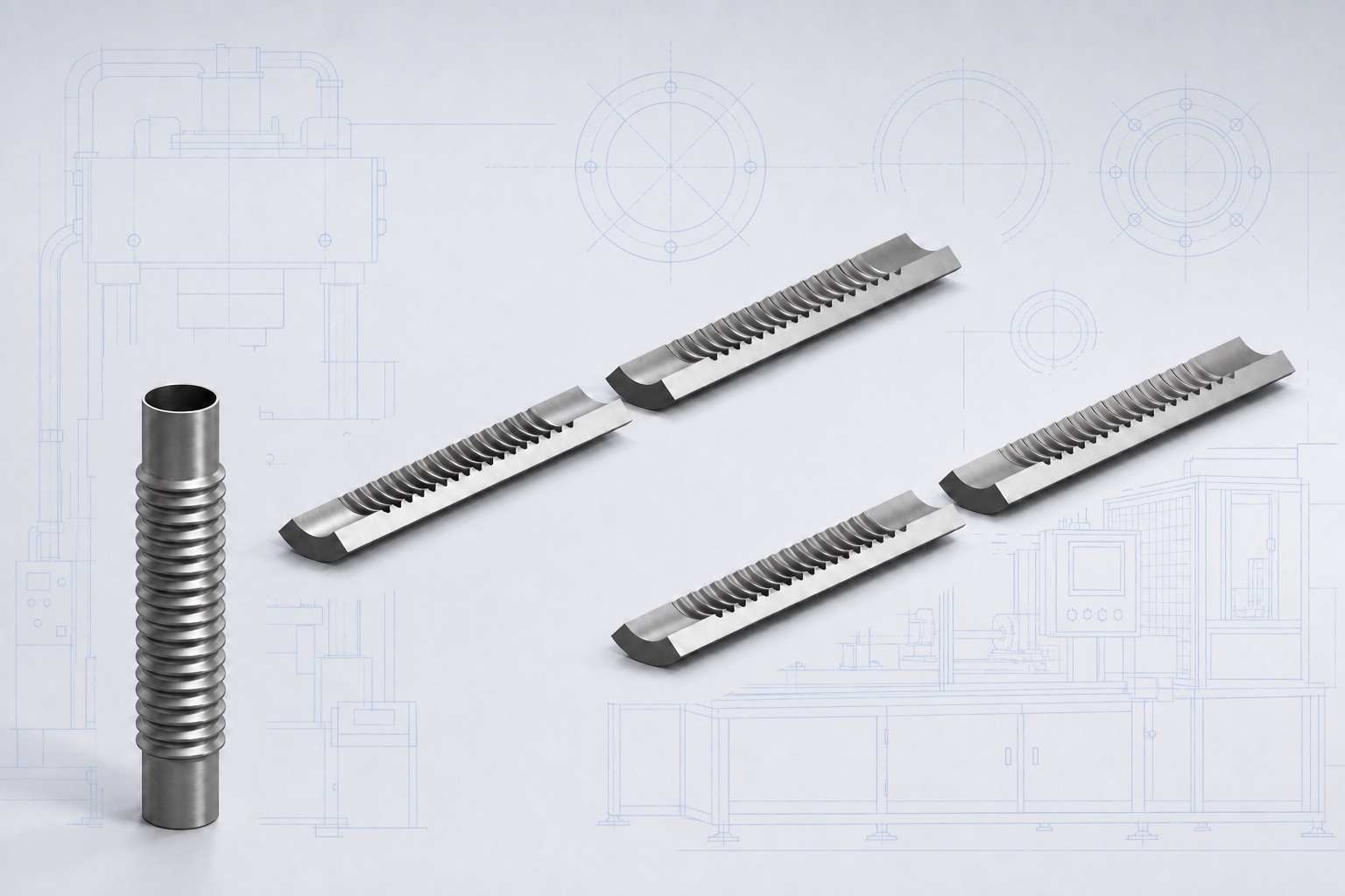 Engineering concept illustration of a corrugated metal tube and longitudinal cutaway sections against technical line drawings