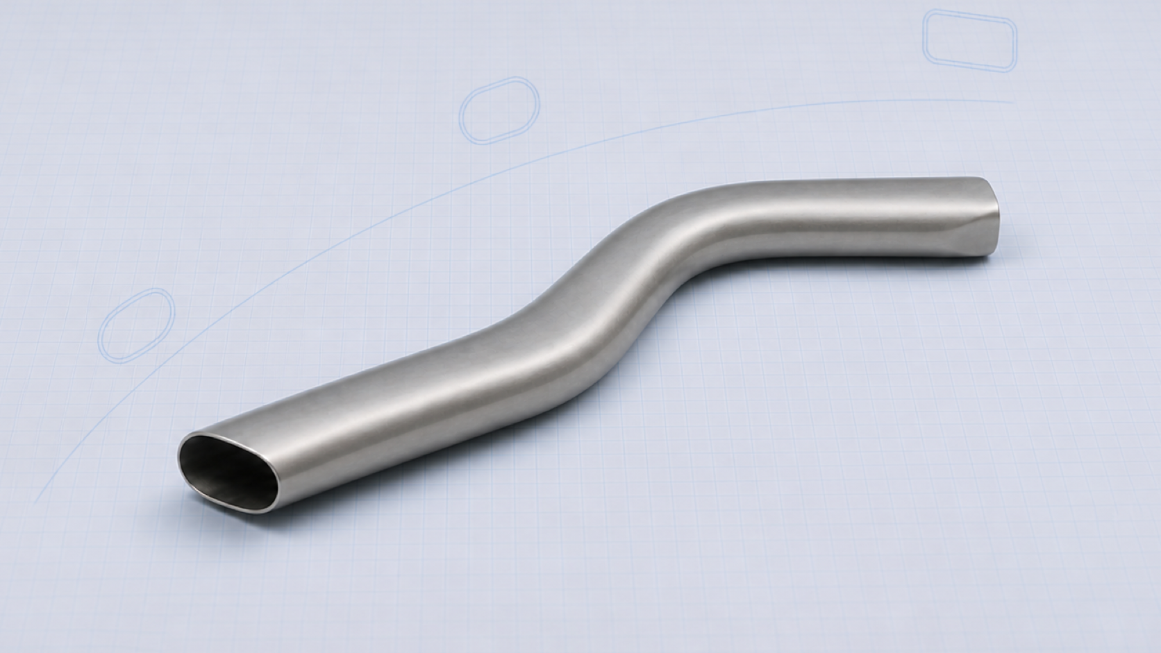 Engineering concept image of a single bent hollow metal tube with an open end and rounded-rectangular section sketches