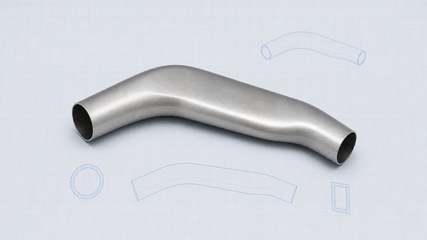 Engineering concept image of a hollow metal tube with round open ends and a broader flattened center, shown with profile and section line drawings