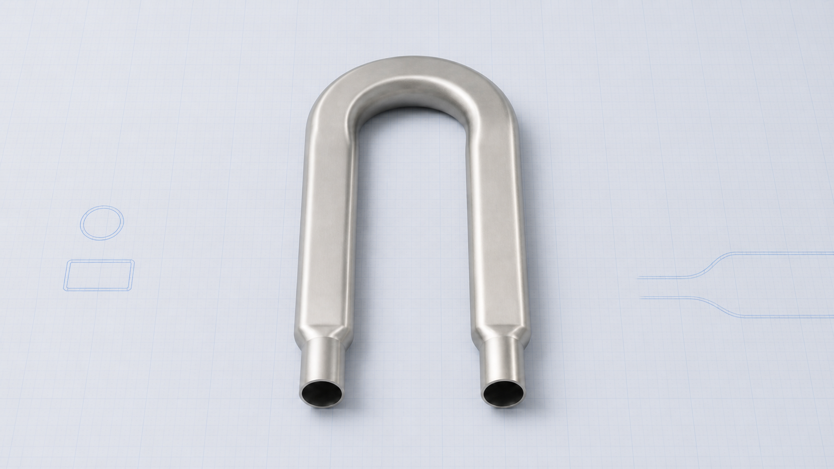 Engineering concept image of a U-shaped hollow metal flow channel with two open round terminals and section sketches