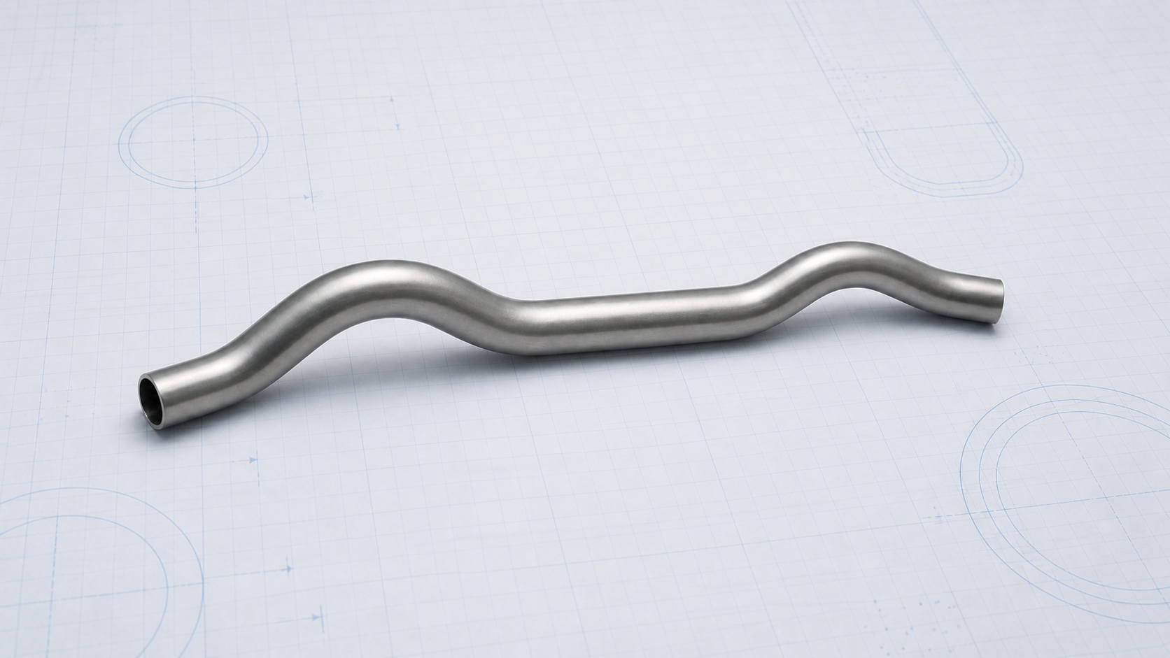 Engineering concept image of a spatially curved hollow metal tube on a gridded drawing surface with circular and elongated section sketches