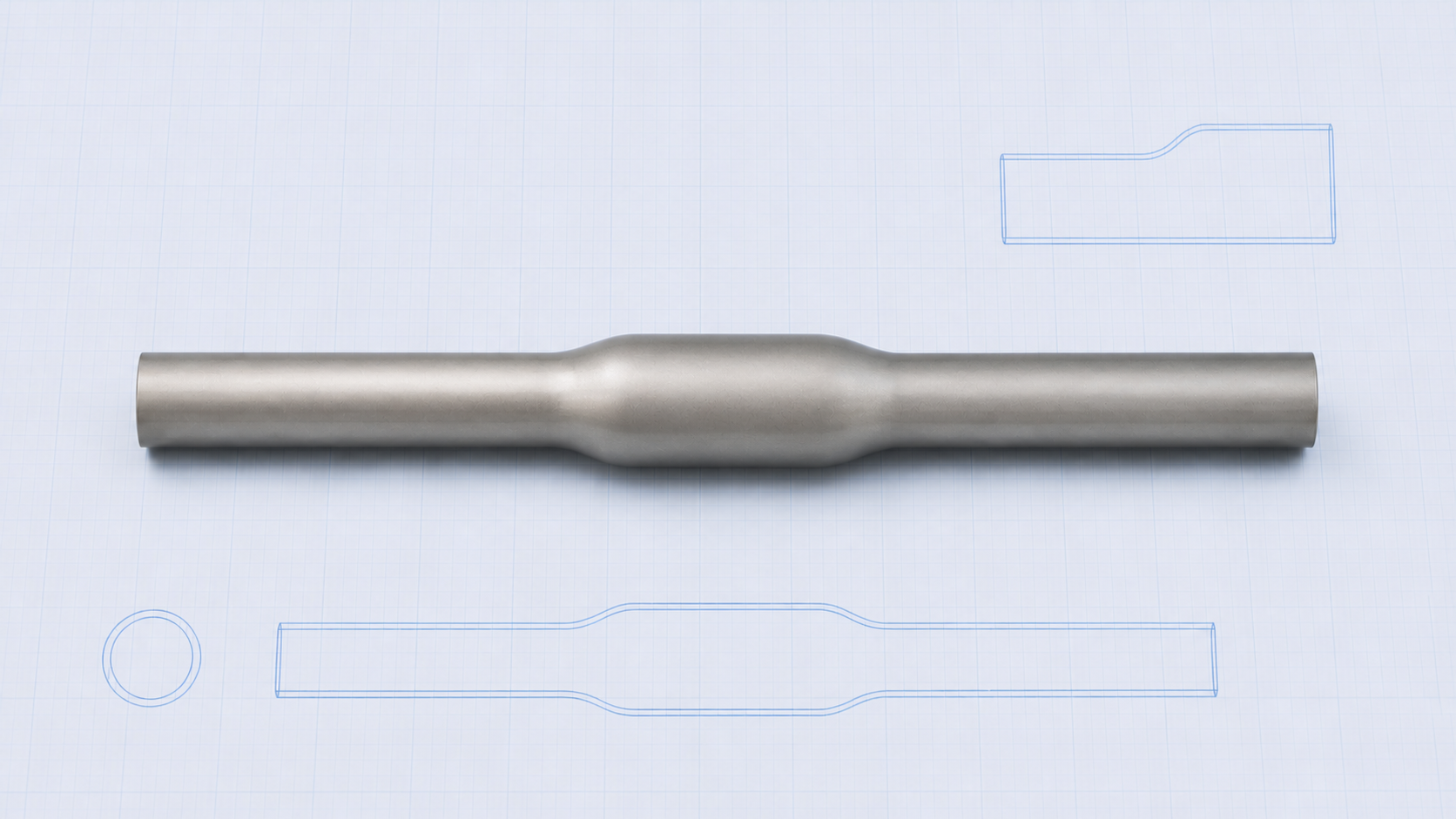Engineering concept image of a straight tube with a locally expanded center, shown with side-profile and cross-section line drawings
