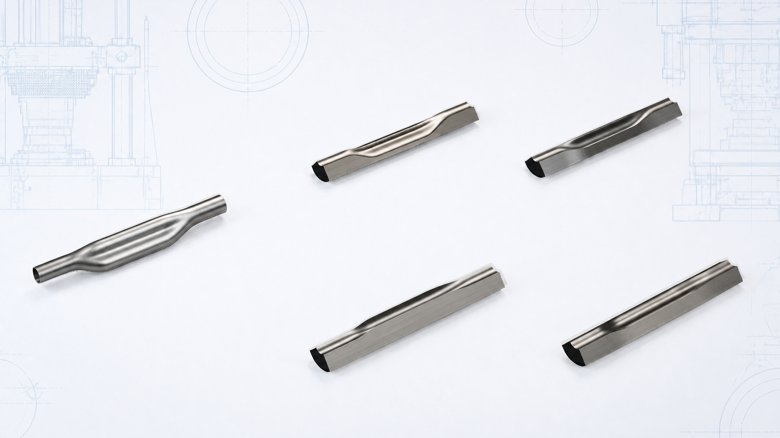 Engineering concept image of one locally formed metal tube and four elongated die-cavity modules arranged against pale machine drawings